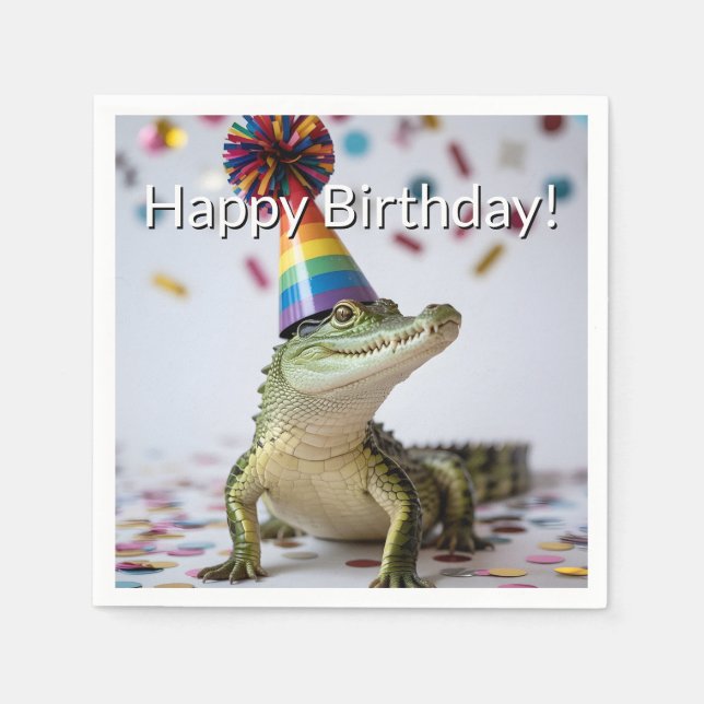 Servilleta De Papel Cocodrilo con sombrero de cumpleaños de arcoíris (Anverso)