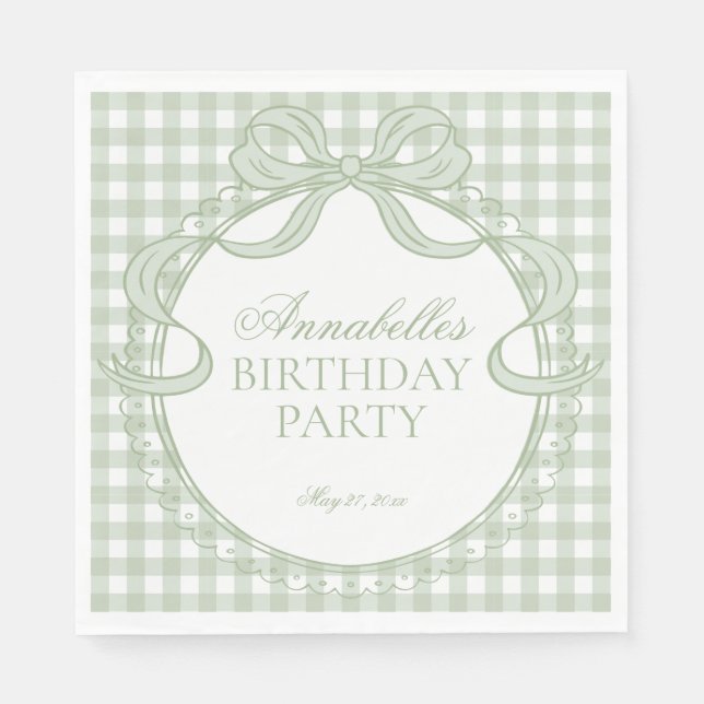 Servilleta De Papel Cocota de Gingham Verde con Lazo para Postre de Fi (Anverso)