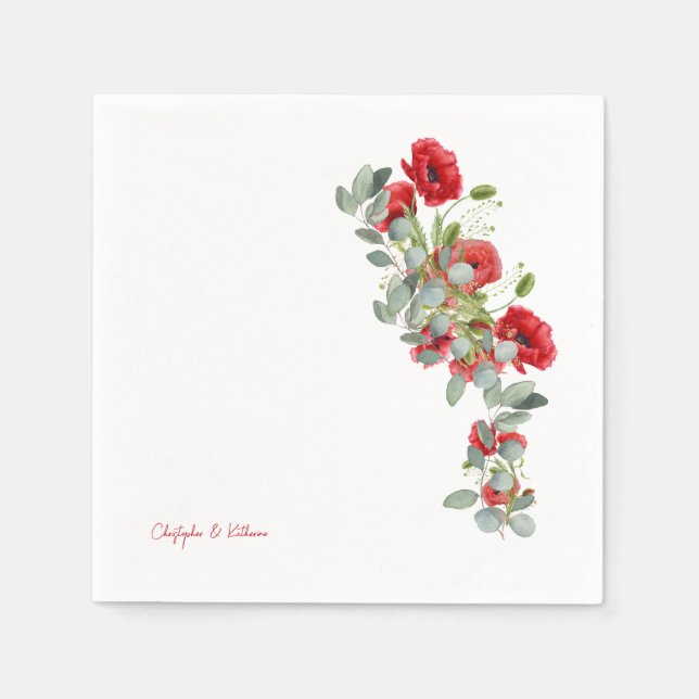 Servilleta De Papel Cóctel Boda de eucalipto floral rojo (Anverso)