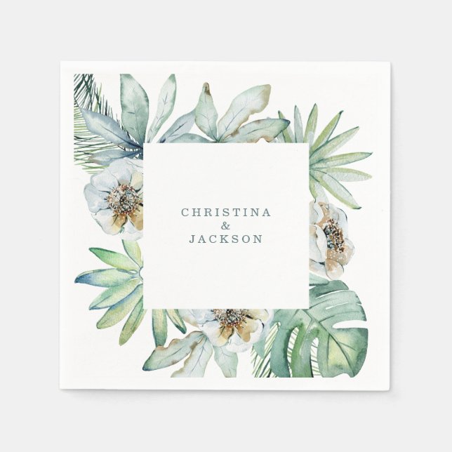 Servilleta De Papel Cóctel Boda de follaje tropical moderno (Anverso)