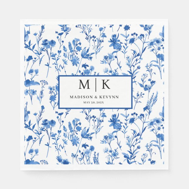 Servilleta De Papel Cóctel boda de la Flora Azul francesa (Anverso)