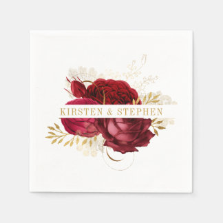 Servilleta De Papel Cóctel Boda floral Red Gold Burgundy