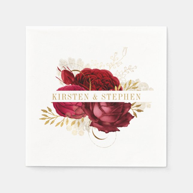 Servilleta De Papel Cóctel Boda floral Red Gold Burgundy (Anverso)
