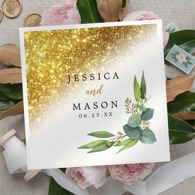 Servilleta De Papel Cóctel Boda Sparkly Gold Eucalyptus (Subido por el creador)