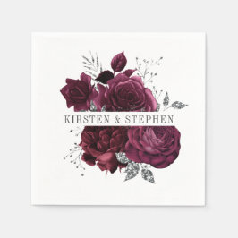 Servilleta De Papel Cóctel Borgoña Maroon y Boda floral plateado
