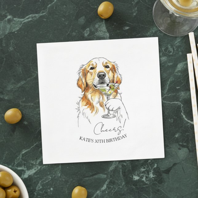 Servilleta De Papel Cóctel de Martini sucio de la mano dibujado de oro (Celebrate with this custom hand drawn golden retriever martini cocktail napkin.!)