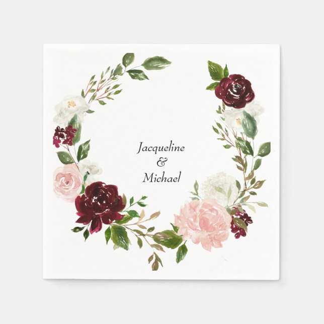 Servilleta De Papel Cóctel de nombres personalizados de Boda de Borgoñ (Anverso)