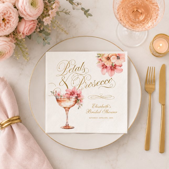 Servilleta De Papel Cóctel de Pétalos de Oro Rosa y Prosecco (Pink Gold Petals and Prosecco Cocktail Napkins)