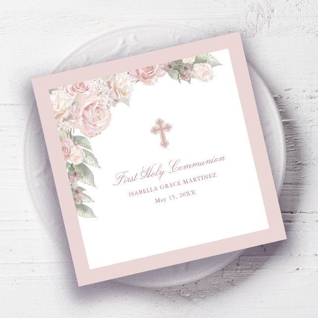 Servilleta De Papel Cóctel De Primera Comunión De Floral Rosa Rosa Ros (Subido por el creador)