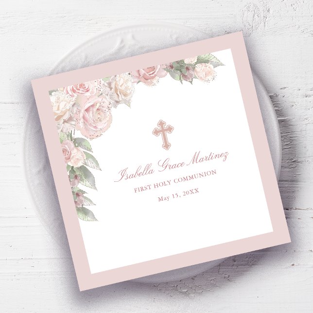 Servilleta De Papel Cóctel De Primera Comunión De Floral Rosa Rosa Ros (Subido por el creador)