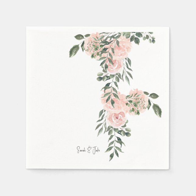 Servilleta De Papel Cóctel Floral de Blush Acuarela Blanca de Boda (Anverso)