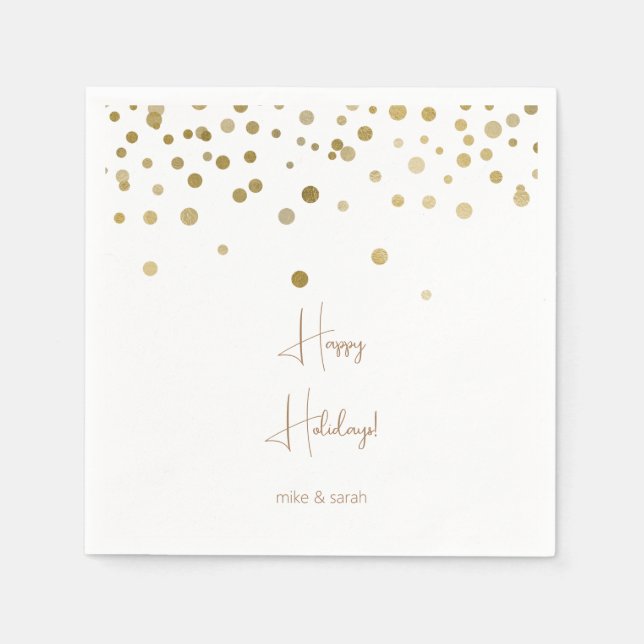 Servilleta De Papel Cóctel Gold y White PersonalizedHappy Holidays (Anverso)