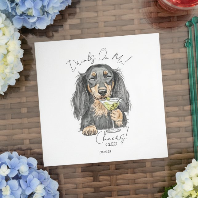 Servilleta De Papel Cóctel Hand Drawn Dachshund Martini Open Bar (Toast your pet with this custom hand drawn dachshund martini cocktail napkin!)