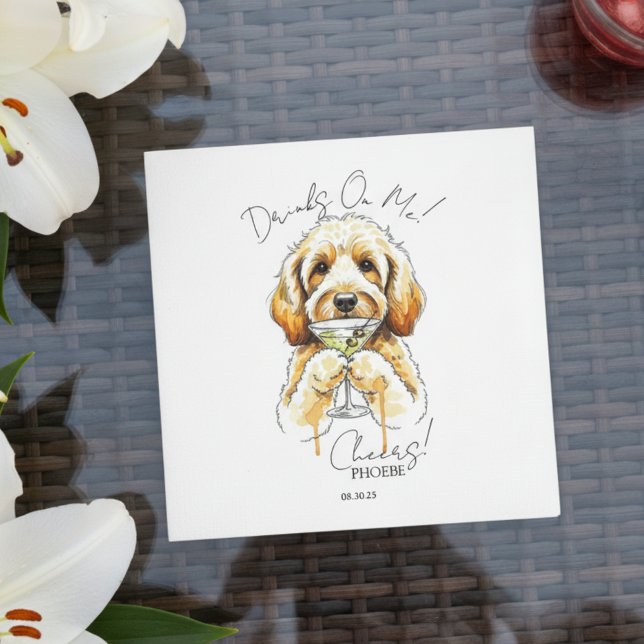 Servilleta De Papel Cóctel Hand Drawn Golden Doodle Martini Open Bar (Toast your pet with this custom hand drawn golden doodle martini cocktail napkin!)