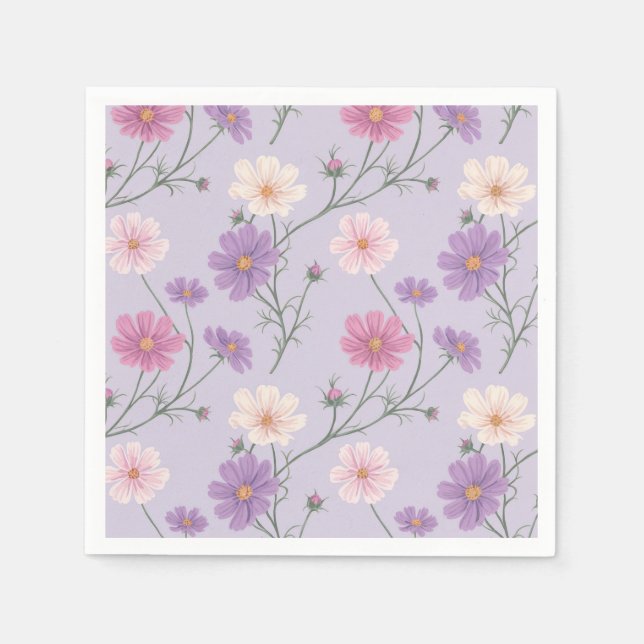 Servilleta De Papel Cóctel Lavender Cosmos Flowers (Anverso)