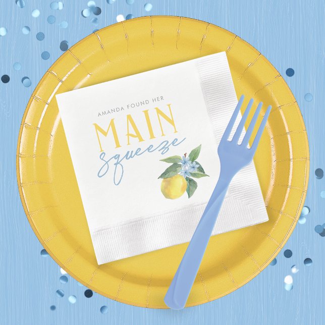 Servilleta De Papel Cóctel Personalizado Acuñado Lemon Main Squeeze (Personalized Main Squeeze Watercolor Lemon Bridal Shower Coined Paper Napkins - Pack of 50)