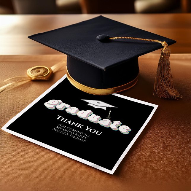 Servilleta De Papel Cóctel Personalizado de graduación en blanco y neg (Black and white retro style typography graduation napkin.)