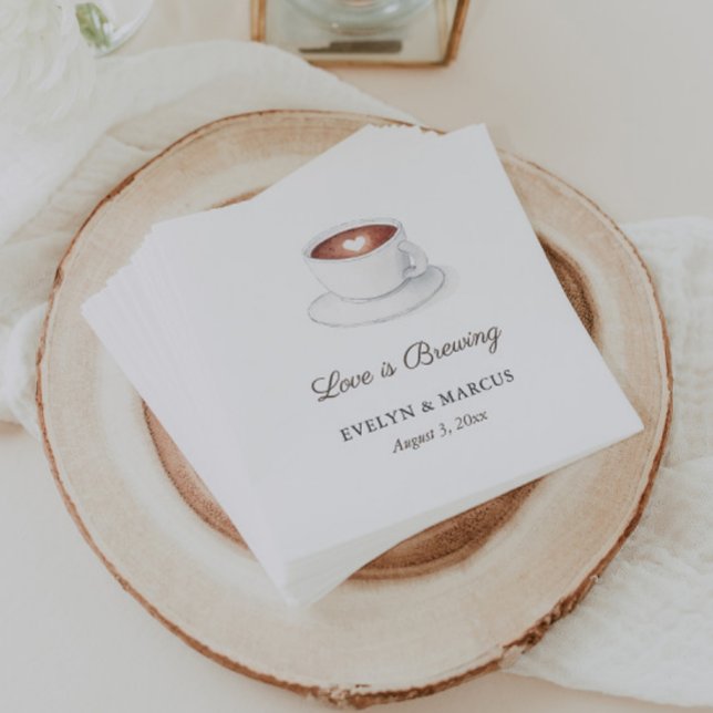 Servilleta De Papel Coffee Cup Love is Brewing Couples Wedding Shower (Love is brewing watercolor coffee cup bridal shower or wedding shower napkins)