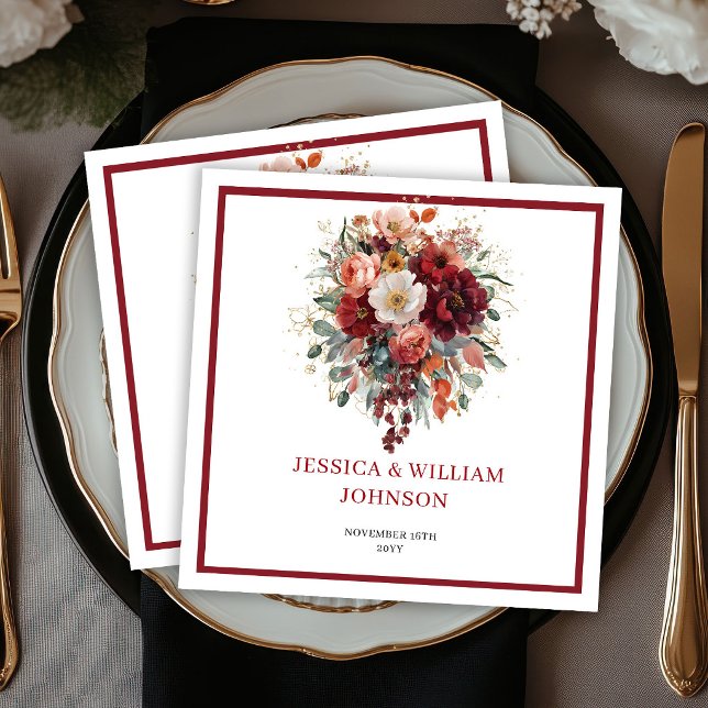 Servilleta De Papel Cojines de boda boho floral granate otoño eucalipt (Autumn Maroon Floral Boho Eucalyptus Wedding Napkins

)