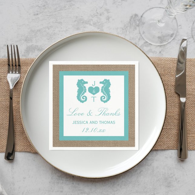 Servilleta De Papel Colección de Bodas Turquoise Seahorse Burlap Beach (Subido por el creador)
