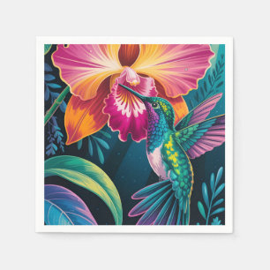 Servilleta De Papel Colibrí Tropical Vibrante y Orquídea