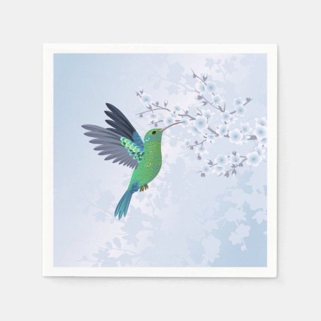 Servilleta De Papel Colibrí Verde Con Flor De Cerezo Azul (Anverso)