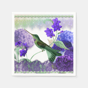 Servilleta De Papel Colibrí verde con flores, encaje, perlas