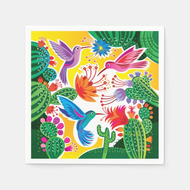 Servilleta De Papel Colibríes y Cactus en Flor (Anverso)