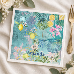 Servilleta De Papel Collage chic azul turquesa siciliano floral cítric
