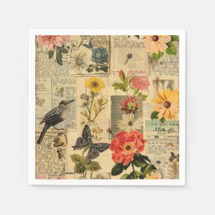 Servilleta De Papel Collage de periódico floral de pájaro cantor vinta