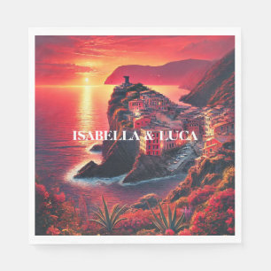 Servilleta De Papel Colores rojos y Naranjas negrita en la costa itali