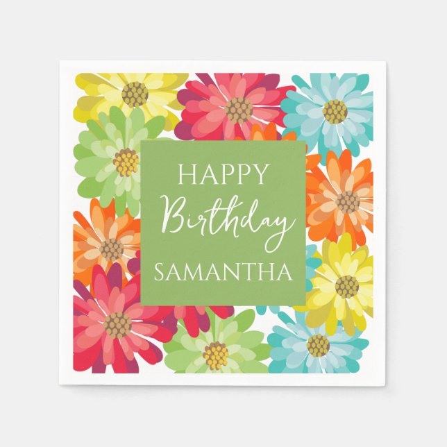 Servilleta De Papel  Colorful Flowers Happy Birthday Party  (Anverso)