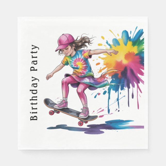 Servilleta De Papel Colorful Painted Girl Skateboarder Birthday Party (Anverso)