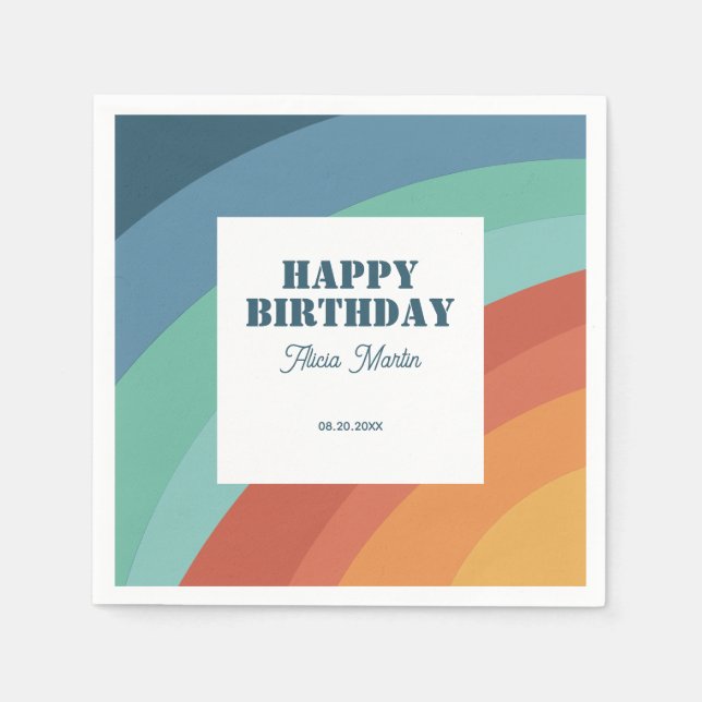 Servilleta De Papel Colorido Retro Groovy Rainbow Feliz cumpleaños (Anverso)