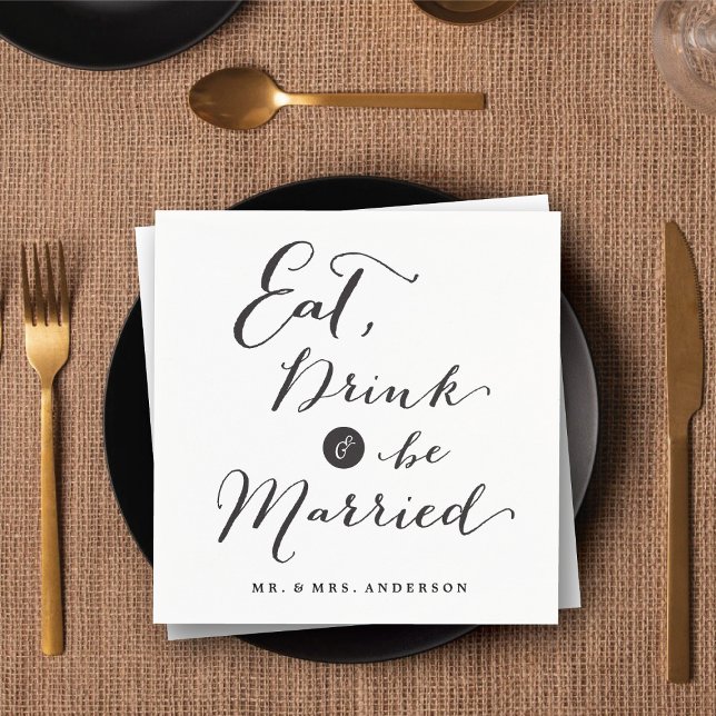 Servilleta De Papel Comer bebida y casarse Boda de caligrafía de escri ('Eat Drink & Be Married' Script Calligraphy Wedding Paper Napkins @ fatfatin_blue_knot)