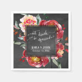 Servilleta De Papel Comer y casarse con flores rojas en la pizarra