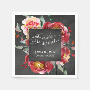 Servilleta De Papel Comer y casarse con flores rojas en la pizarra