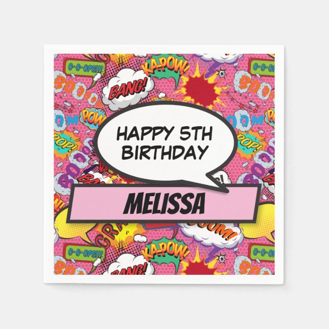 Servilleta De Papel Comic Book Superhero Birday Party Pink (Anverso)