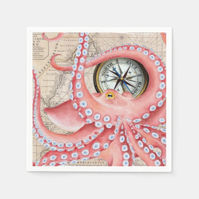 Servilleta De Papel Compass de mapa de cosecha de pulpo rojo (Anverso)