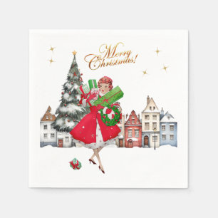 Servilleta De Papel Compras navideñas de la dama vintage de 1950