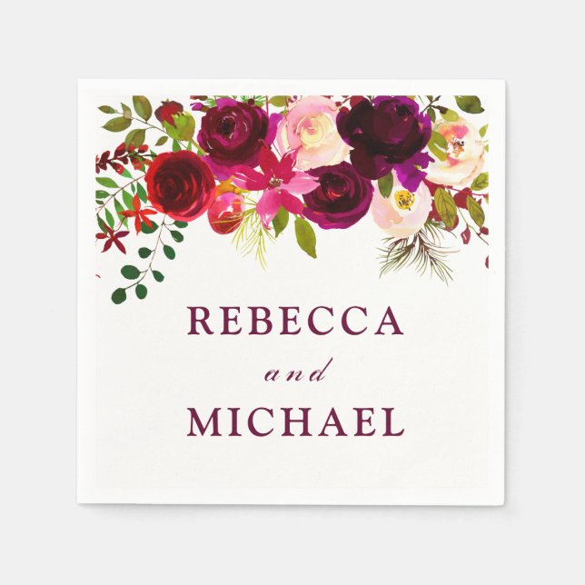 Servilleta De Papel Compromiso del Boda Burgundy Red Floral Boho (Anverso)