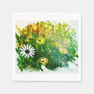 Servilleta de papel con flores blancas y amarillas