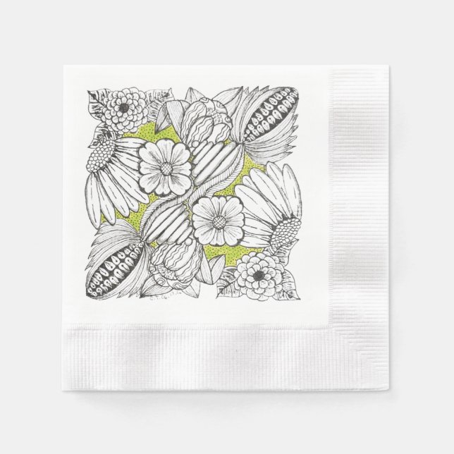 Servilleta de papel con flores garabateadas en bla (Anverso)