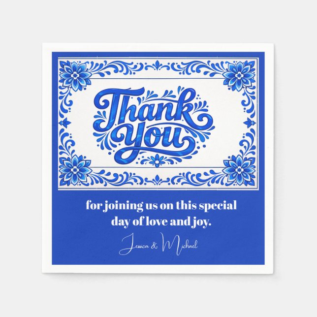 Servilleta De Papel Con texto Azul & Limone Romance Azul Baldosa (Anverso)