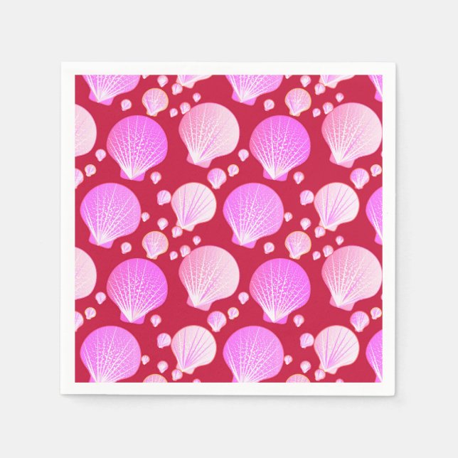 Servilleta De Papel Conchas de mar rosadas sobre fondo burdeos (Anverso)