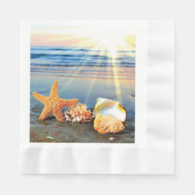 Servilleta De Papel conchas de mar y estrellas de mar en la playa (Anverso)