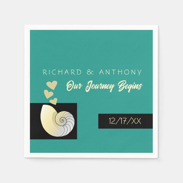 Servilleta De Papel Conchas marinas y corazones, bodas en la playa (Anverso)