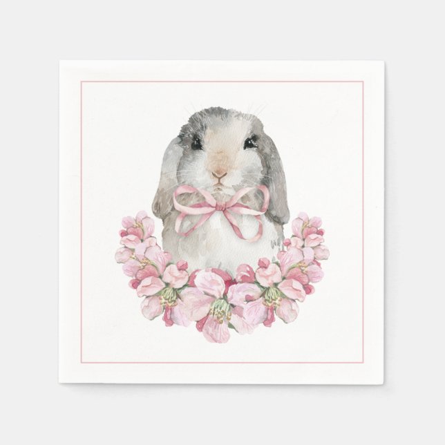 Servilleta De Papel Conejito adorable con flores acuarela modernas ros (Anverso)