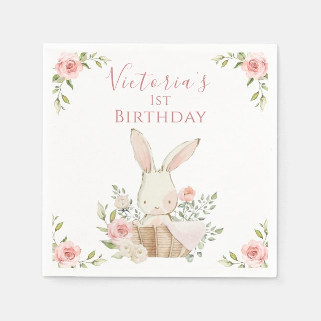 Servilleta De Papel Conejito Rosa Adorable 1 Primer Cumpleaños (Anverso)