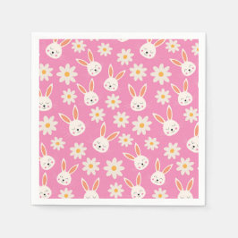 Servilleta De Papel Conejitos de Pascua con Flores Blancas sobre Rosa 